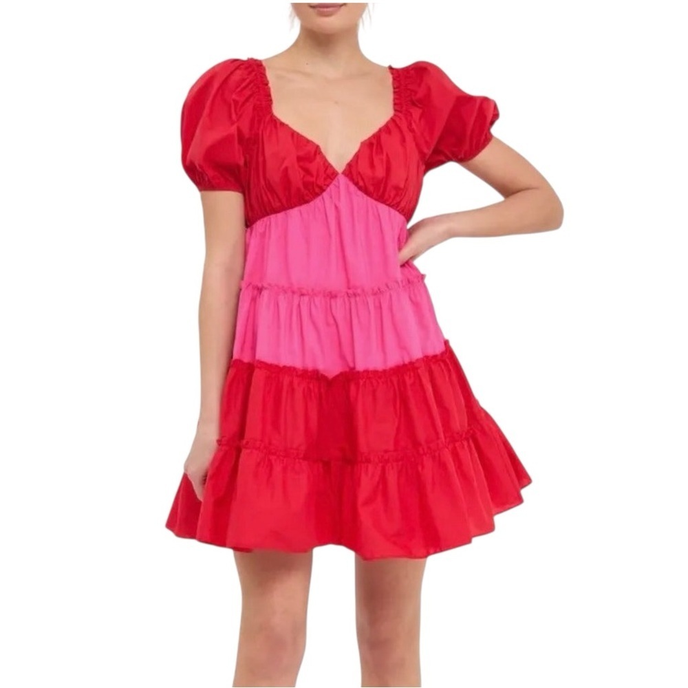 🔆 English Factory Red and Pink Ruched Puff Sleeve Mini Dress